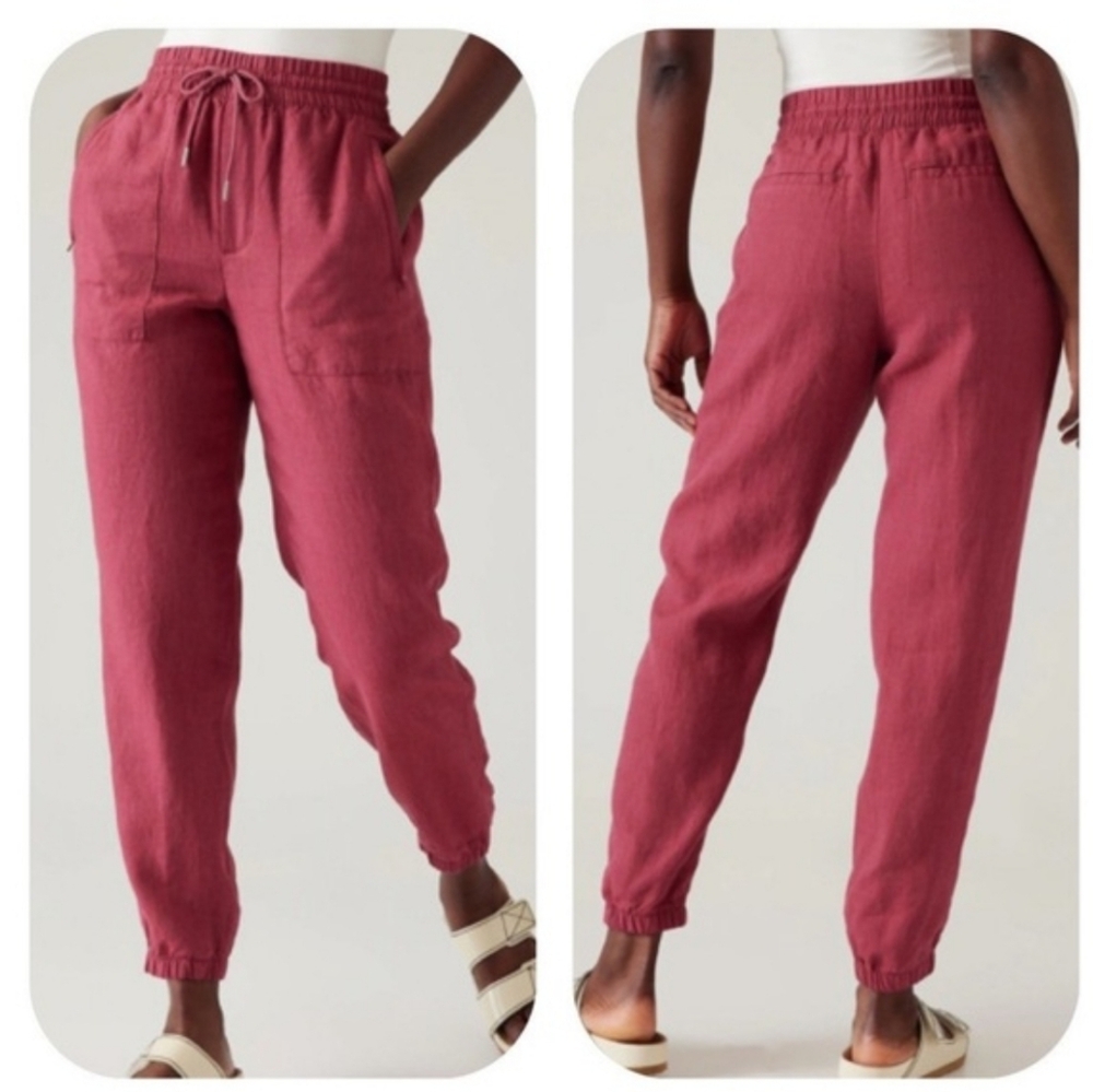 Athleta Retreat 100% Linen Jogger Pants Activewear Women's Coffeeberry Red NWOT